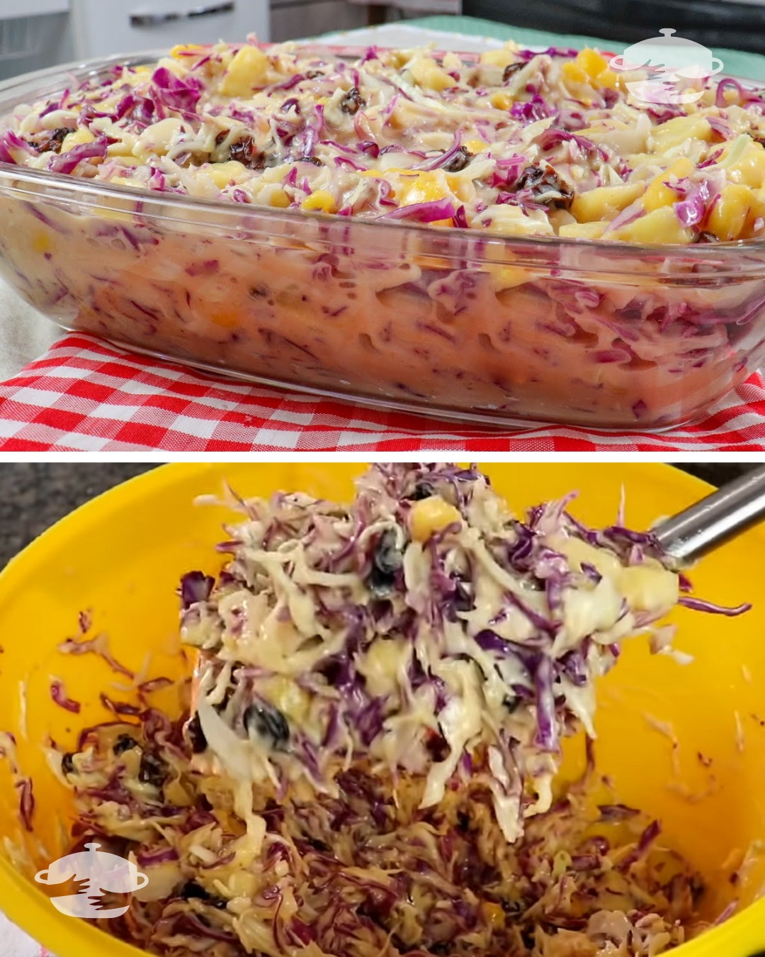 Salada tropical feita com repolho roxo e frutas