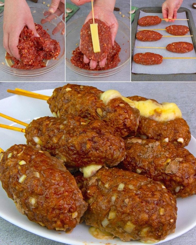 Espetinho de carne moída recheada com queijo